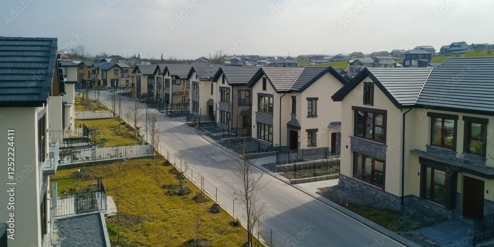 Poster rows of newly built houses in a modern residential development area.