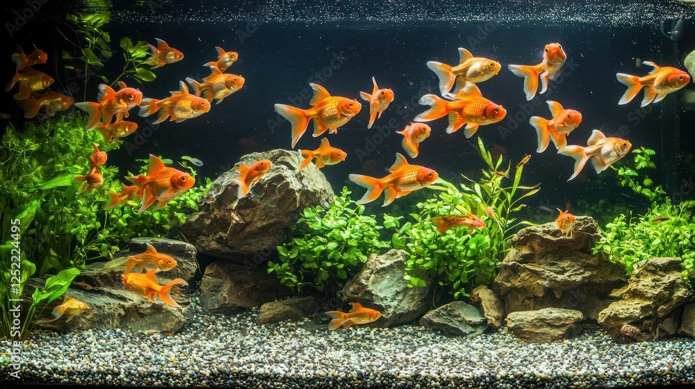 Poster school of goldfish exploring a spacious tank with soft lighting.