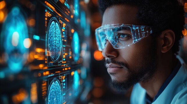 Futuristic Medical Technology Augmented Reality Laboratory Scene with Doctor Interacting with Holographic Brain Scans and Digital Interfaces