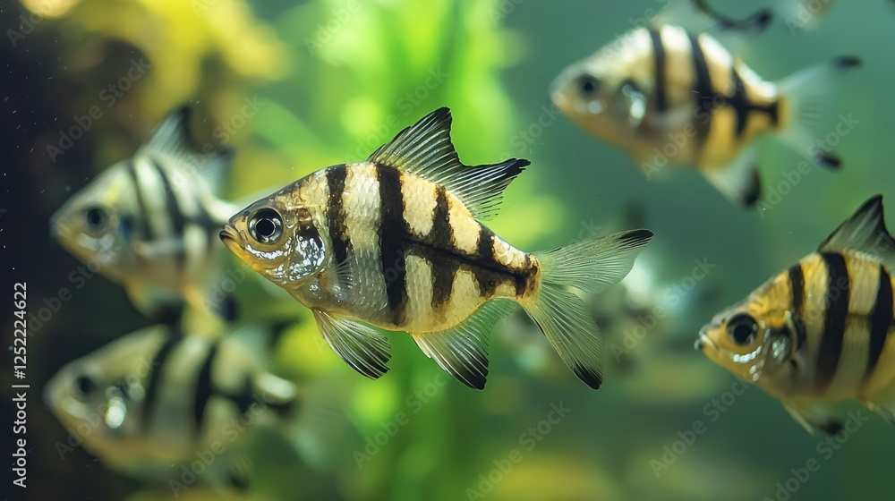 Aufkleber school of zebra danios swimming actively in clear water.