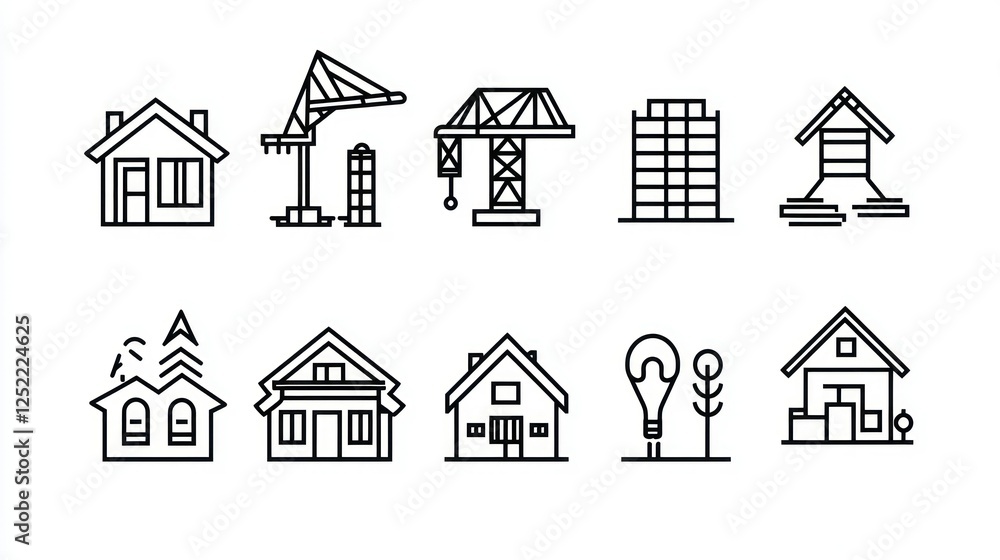 Poster Simple line art icons of cranes, houses, and blueprints symbolizing property development. 