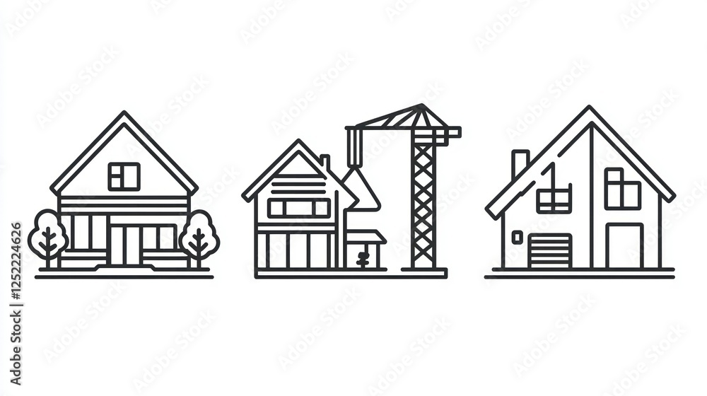 Poster Simple line art icons of cranes, houses, and blueprints symbolizing property development. 