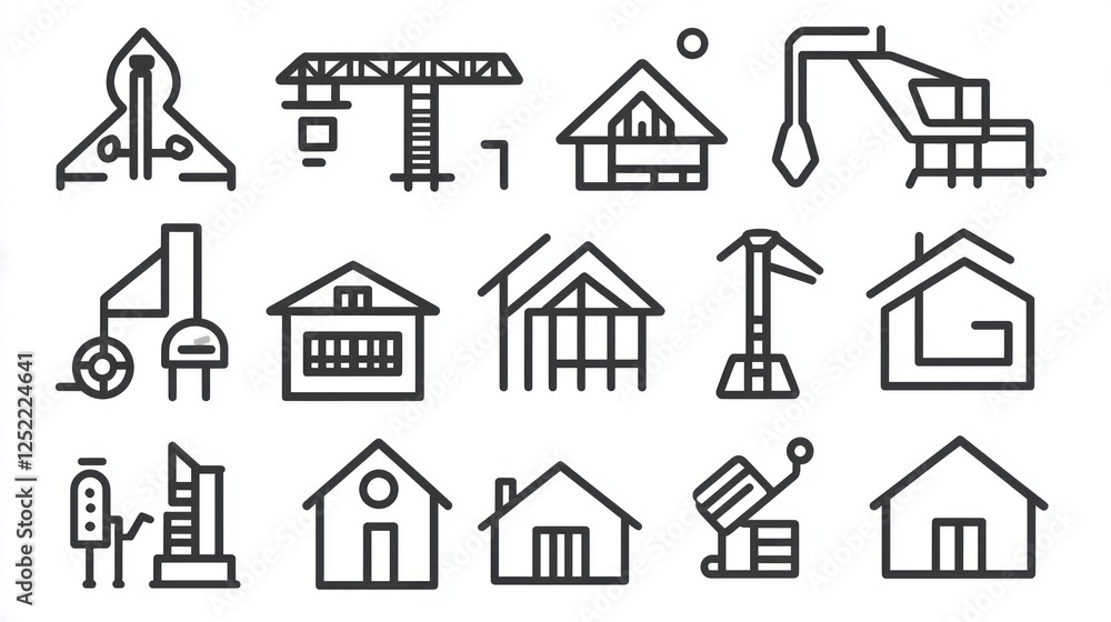 Poster simple line art icons of cranes, houses, and blueprints symbolizing property development.