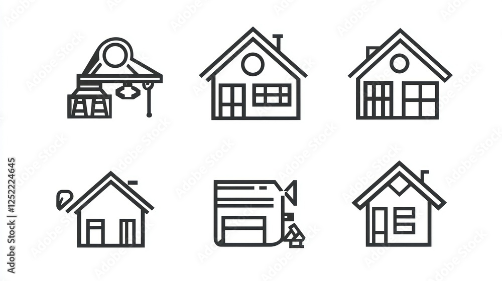 Poster Simple line art icons of cranes, houses, and blueprints symbolizing property development. 