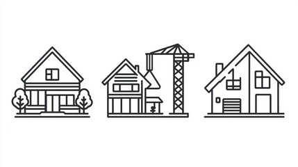 Fototapeta premium Simple line art icons of cranes, houses, and blueprints symbolizing property development. 