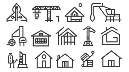 Simple line art icons of cranes, houses, and blueprints symbolizing property development. 