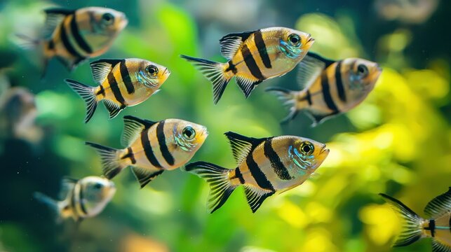 School of zebra danios swimming actively in clear water.  - Powered by Adobe