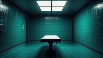 Sterile Hospital Room with Metal Stretcher and Harsh Lighting in Clinical Medical Setting