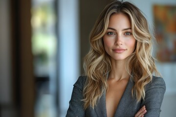 Fototapeta premium Confident young businesswoman in modern suit standing outside office building with arms crossed