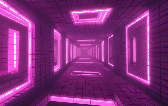 3D render of a neon-glowing square tunnel with a purple background, light effects, and an abstract futuristic wallpaper design for your presentation or packaging