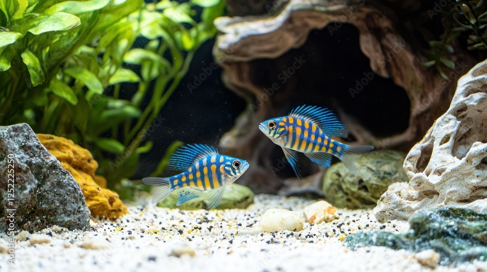 Fototapete zebra danios interacting in an aquarium with a sandy substrate and minimal decor.