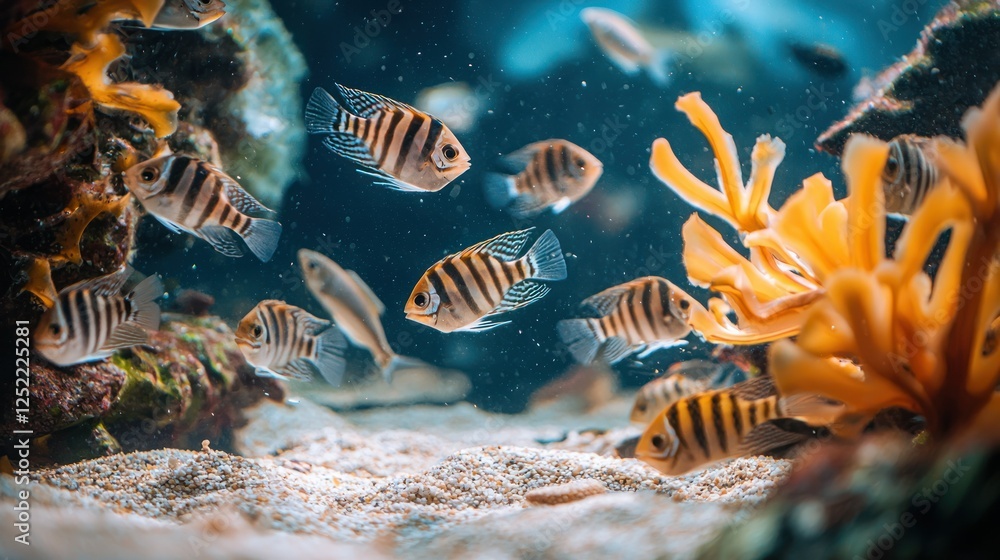 Fototapete zebra danios interacting in an aquarium with a sandy substrate and minimal decor.
