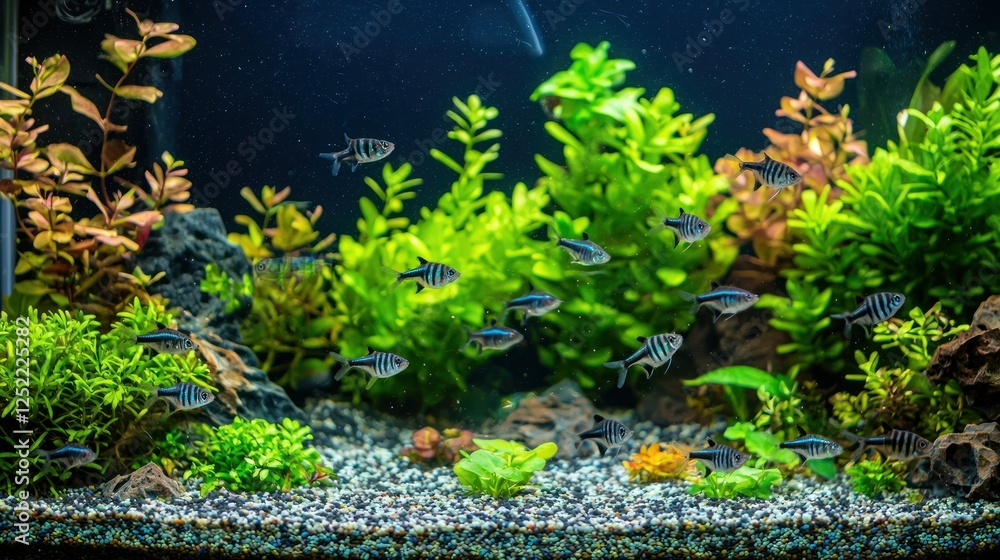 Poster zebra danios swimming in a long tank with a planted background.