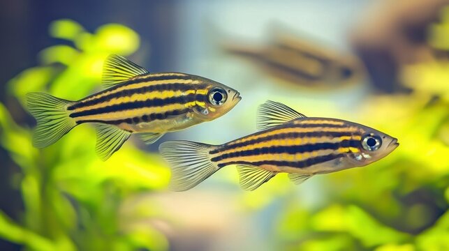 Zebra danios swimming in a long tank with a planted background.  - Powered by Adobe