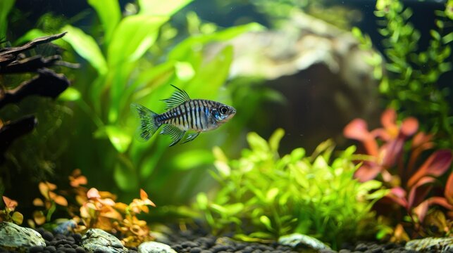 Zebra danios swimming in a long tank with a planted background.  - Powered by Adobe