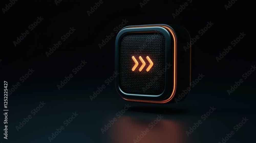 Poster a 3d-rendered podcast icon with metallic accents, floating on a dark background.