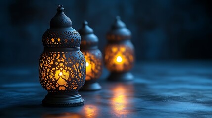 Illuminated Ornate Lanterns Glow in Dark Setting