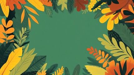 Colorful Tropical Leaves Frame Green Background