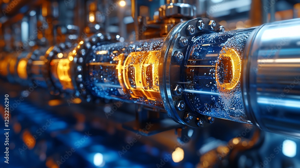 Aufkleber Binary code flows through industrial pipeline; factory background, tech concept
