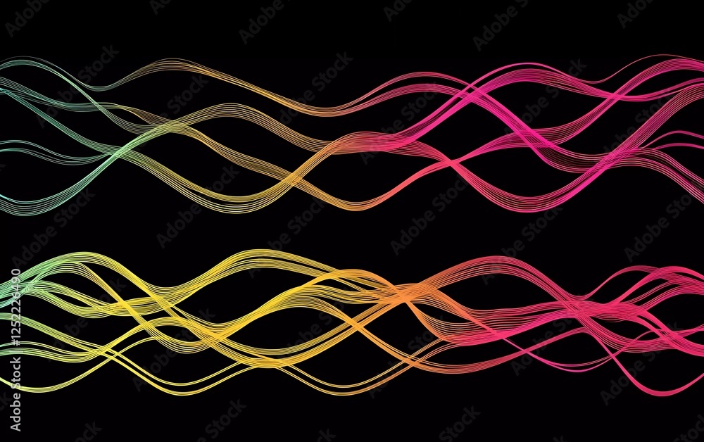 Poster vector illustration of a background with neon wavy lines, a vector pattern, and a black gradient bac