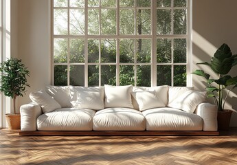 Fototapeta premium Minimalist Scandinavian Living Room with White Sofa and Wooden Parquet Flooring