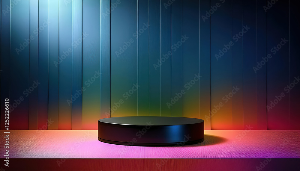 Poster bright empty room featuring black pedestal display on vivid background, creating striking visual con