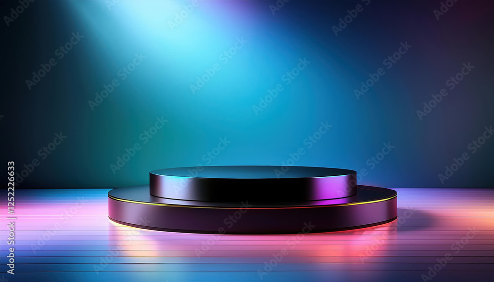 Poster bright empty room featuring black pedestal display on vivid background, creating striking visual eff