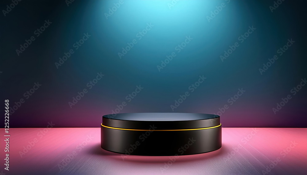 Poster bright empty room featuring black pedestal display on vivid background, creating striking visual eff