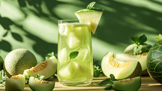 A glass of fresh melon juice and honeydew with sliced green melons on a wooden table, real photo.