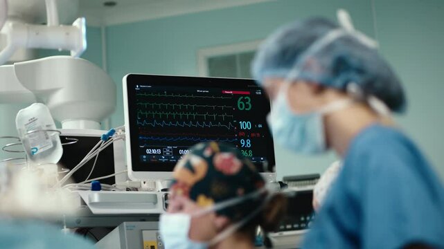 Monitoring vital signs during surgery. Concept: focus on pulse, oxygen, and breathing, reflecting the high-tech nature of medical procedures.