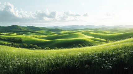 Fototapeta premium Serene Green Hills Landscape in Impressionism Style with Soft Brush Strokes and Dappled Sunlight