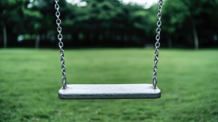 Empty swing set in park, green grass background, leisure, childhood memories