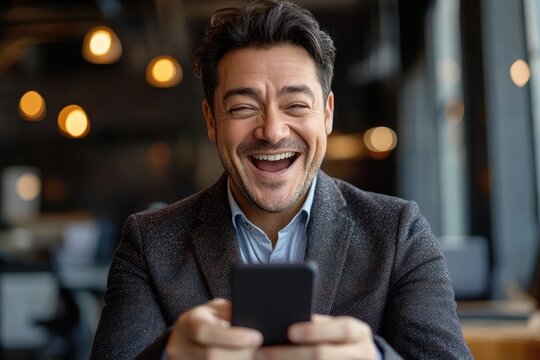 Close-up photo of a young man in a business suit celebrating success while looking at his smartphone in a modern office