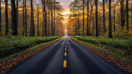 Fototapeta premium Autumnal Road Through a Golden Forest at Sunset