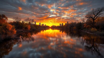 Autumn Sunset over City reflected in Water