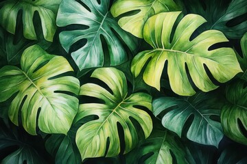 Fototapeta premium Tropical Leaves Watercolor Illustration Monstera Banana Palm Foliage Exotic Jungle Plant Art