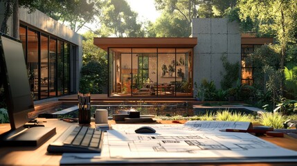 Design framework in focus - house model positioned over detailed blueprints, emphasizing architectural structure, planning expertise, spatial arrangement, meticulous technical execution.