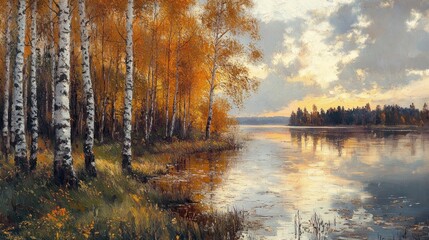 Fototapeta premium Autumn Birch Trees Beside A Calm Lake At Sunset