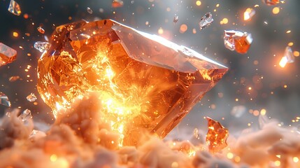 Exploding Orange Crystal, Fiery Gemstone, Abstract Art, Digital Render, 3D Illustration