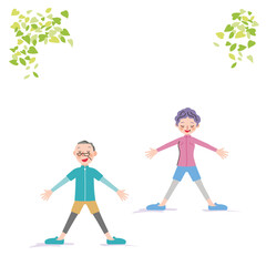 新緑の下で準備体操をする健康な老夫婦