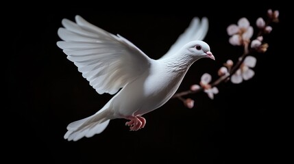 Obraz premium A graceful white dove in mid-flight, surrounded by delicate cherry blossom branches, symbolizing peace