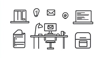 Simple office workspace outline, tools, and objects