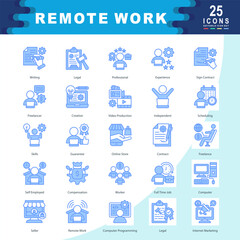 Remote Work icon set containing Writing, Legal, Professional, Experience, Freelancer, Creation, Video Production, Independent, Scheduling, Guarantee, Freelance icon. Simple vector