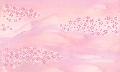 さくら色の和紙に桜の花が舞う、彩り流れる雅な背景
