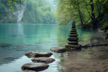 Tranquil Forest Lake Setting with Mindfulness Meditation Path of Inspirational Stone Affirmations Leading to Peaceful Buddha Statue