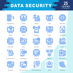 IT Security icon set containing Data Encryption, cloud protection, Secure Data, Cryptography, Authentication, Authorization, Vulnerability, Malware, Phishing, Firewall icon. Simple vector