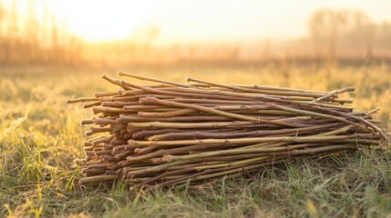 Willow Branches Bundle on the Field with Golden Sunrise.