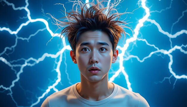 Hair Sticking Up, Static Shock &ndash; A Korean man looking confused while his hair is standing up from fake static electricity. (Electric blue background with lightning bolt effects)