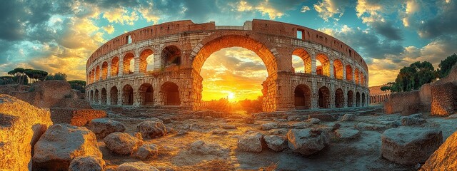 Ancient Roman Coliseum Ruins with Dramatic Arches and Cloudy Sky in Warm Sunlight