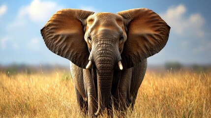 Obraz premium Majestic elephant standing proudly in golden grassland under a bright blue sky